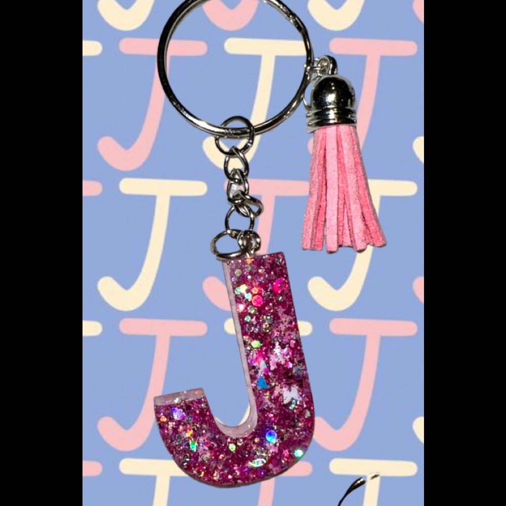 Letter J glitter resin‎ keychain